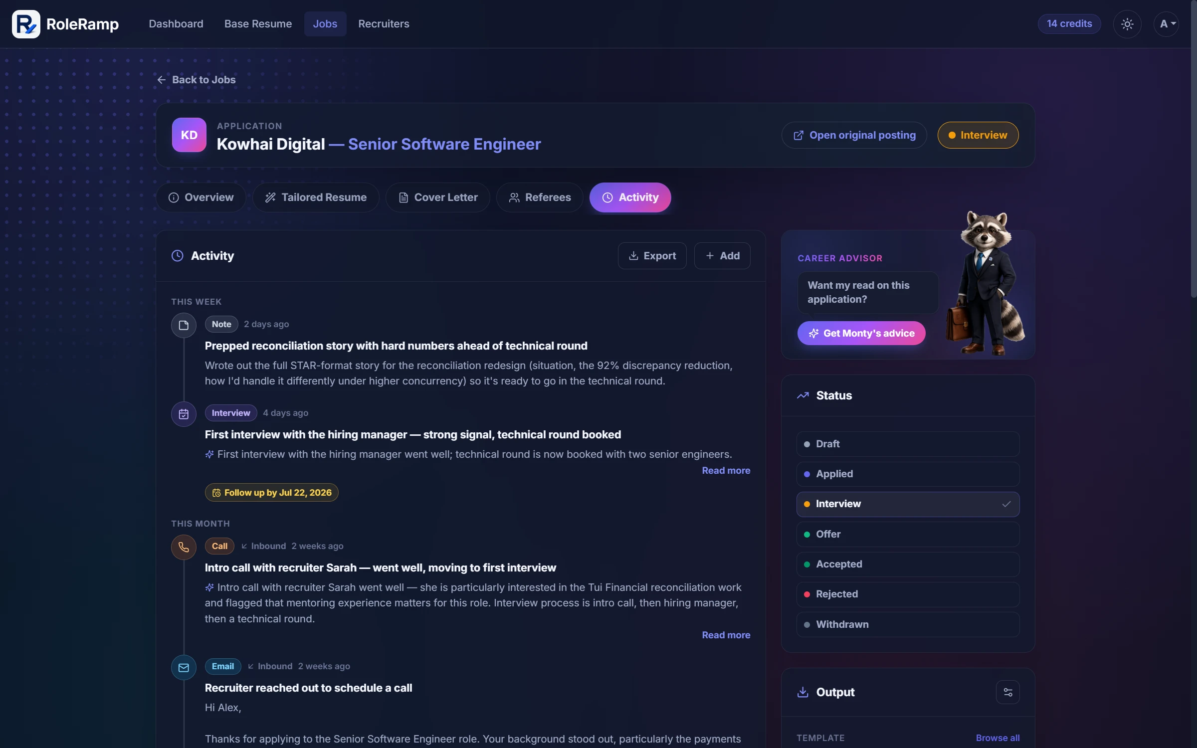An application activity timeline with notes, calls, an interview, and AI digests
