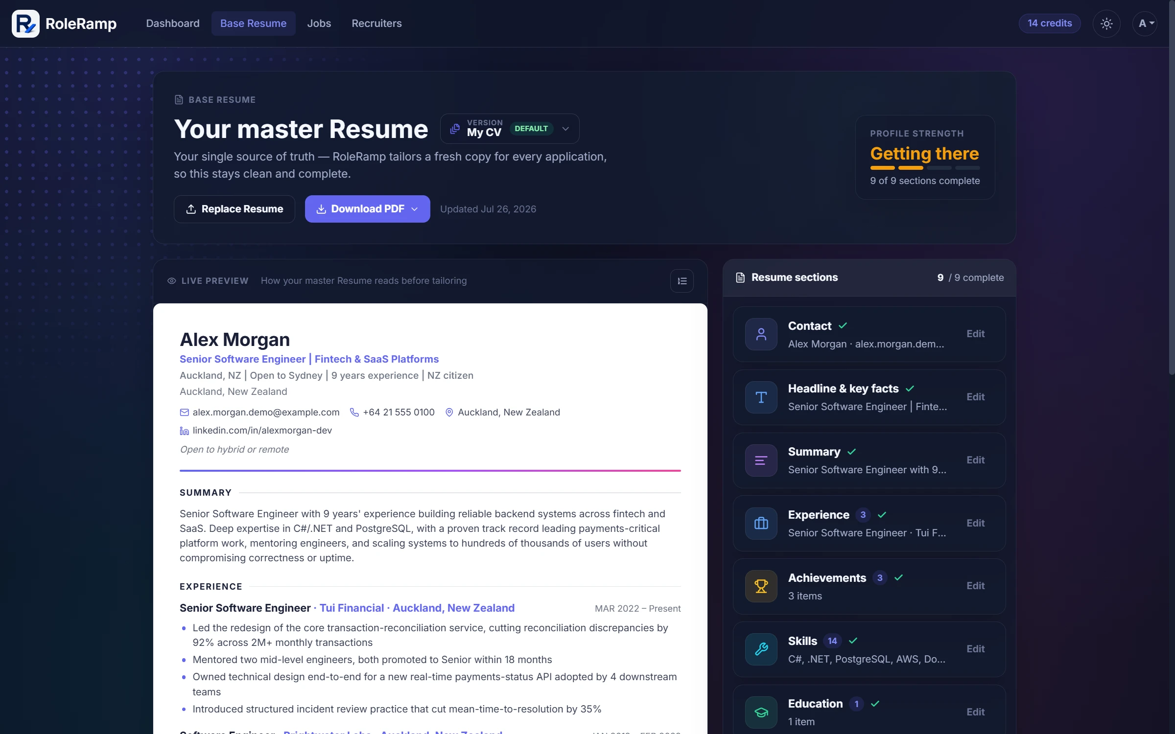 The master resume workspace with live preview, nine section cards, and a profile strength meter