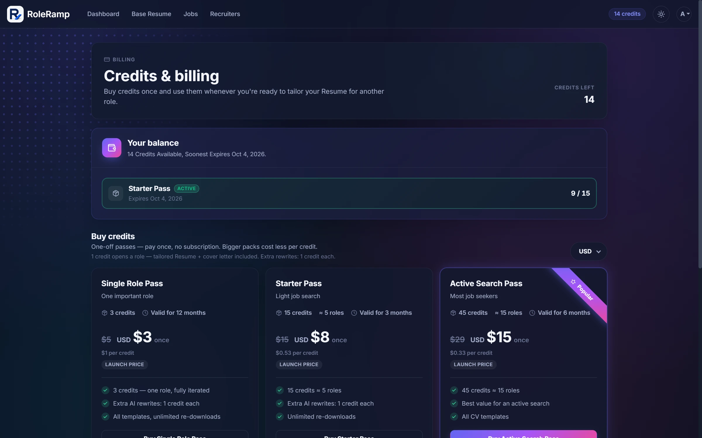 The credits and billing page showing the balance and one-off passes with per-credit pricing