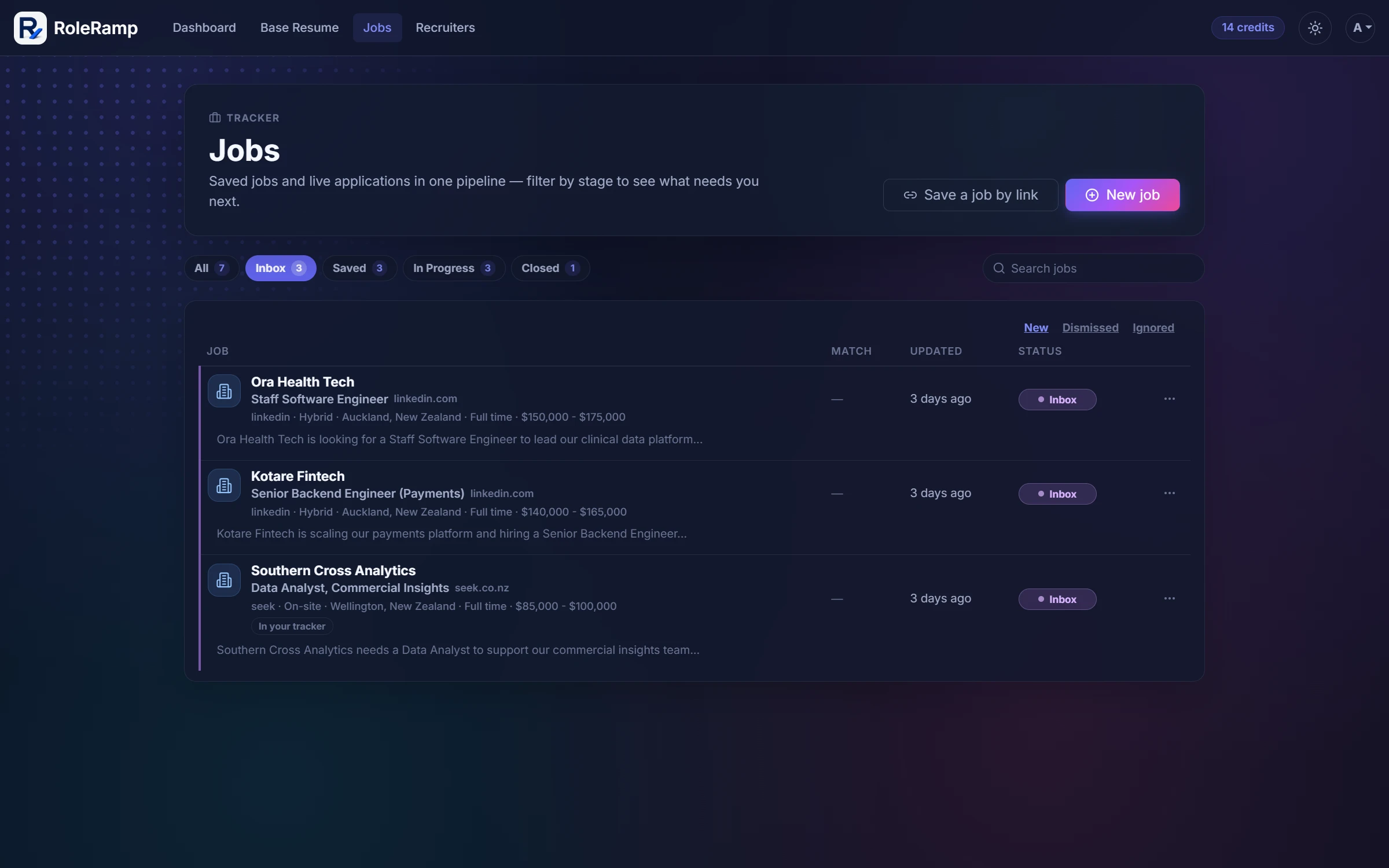 The inbox tab of the tracker showing three extracted postings ready to keep or dismiss