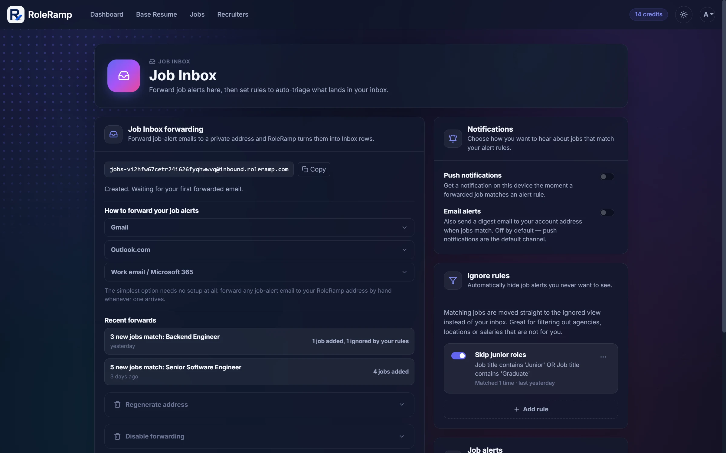 The Job Inbox page with a private forwarding address, recent forwards, and triage rules