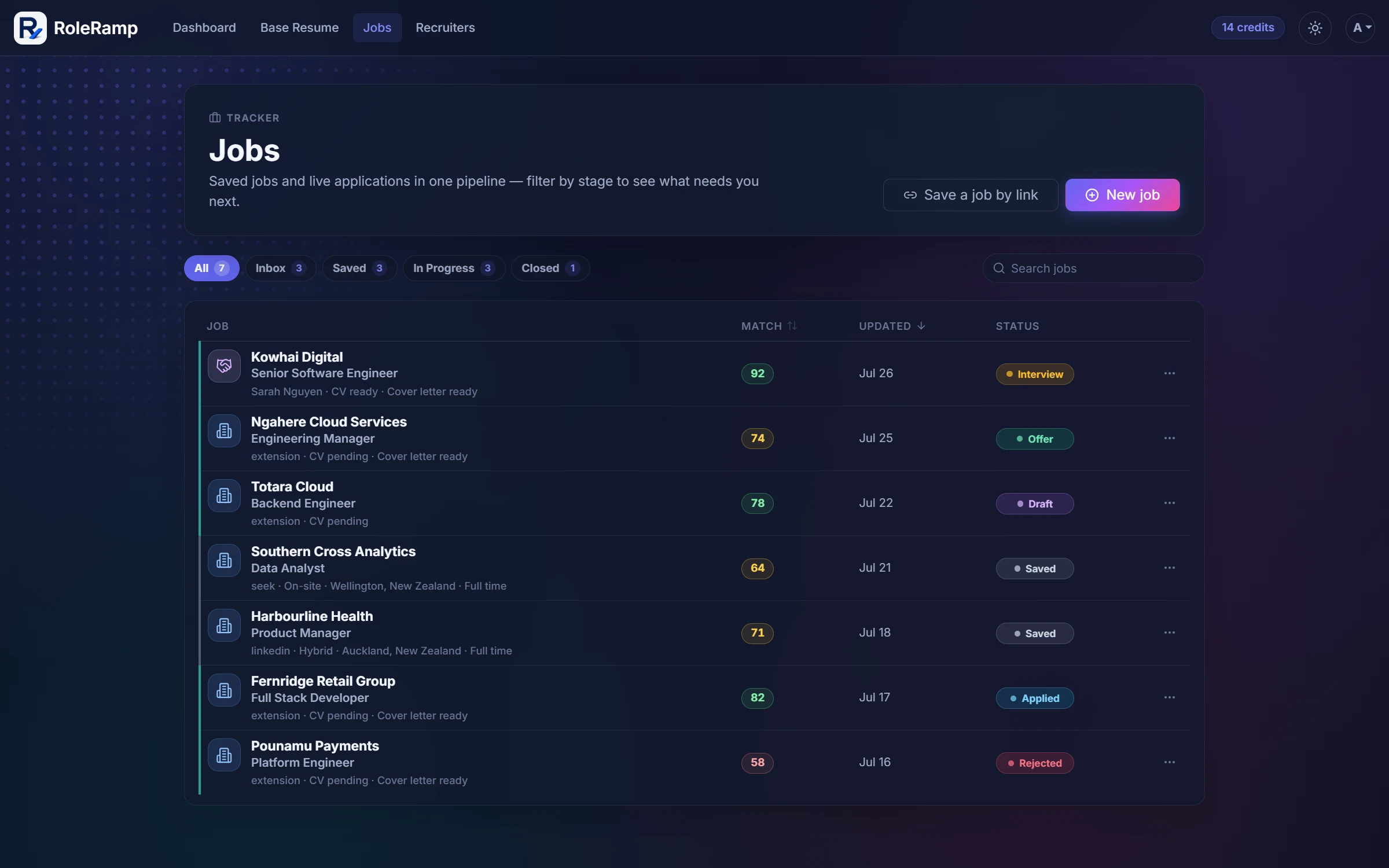 The Jobs pipeline listing seven roles with match scores and statuses from Saved to Rejected