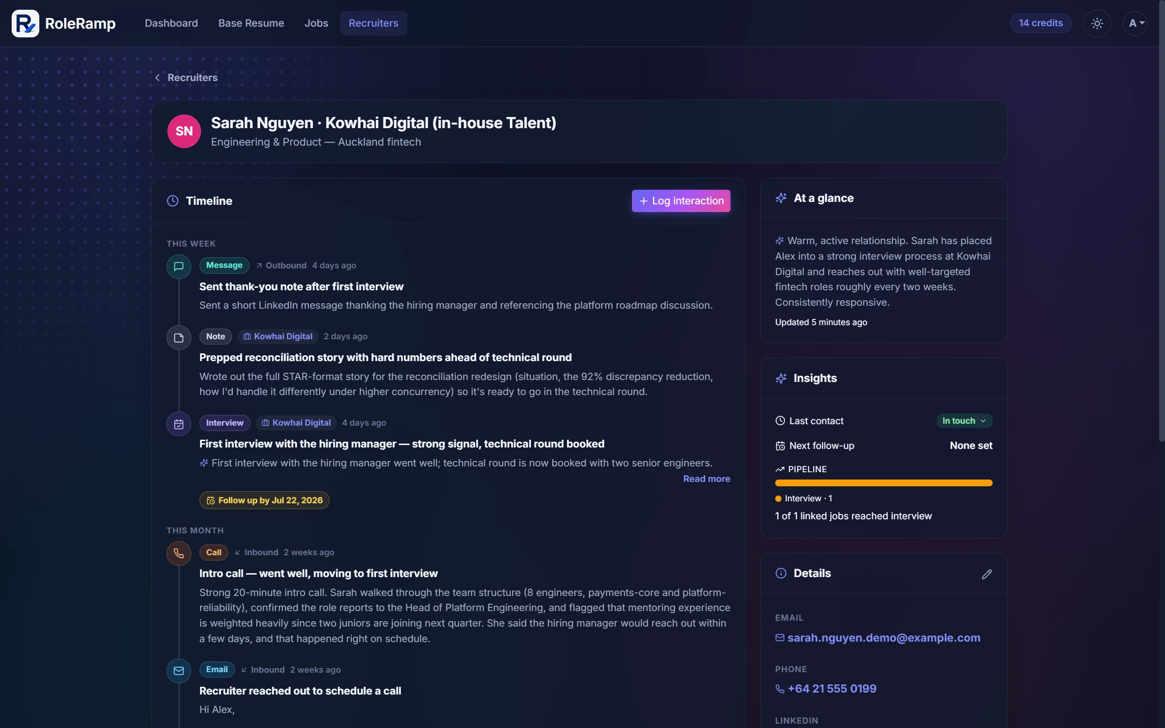 A recruiter page with an interaction timeline, an AI at-a-glance summary, and pipeline insights