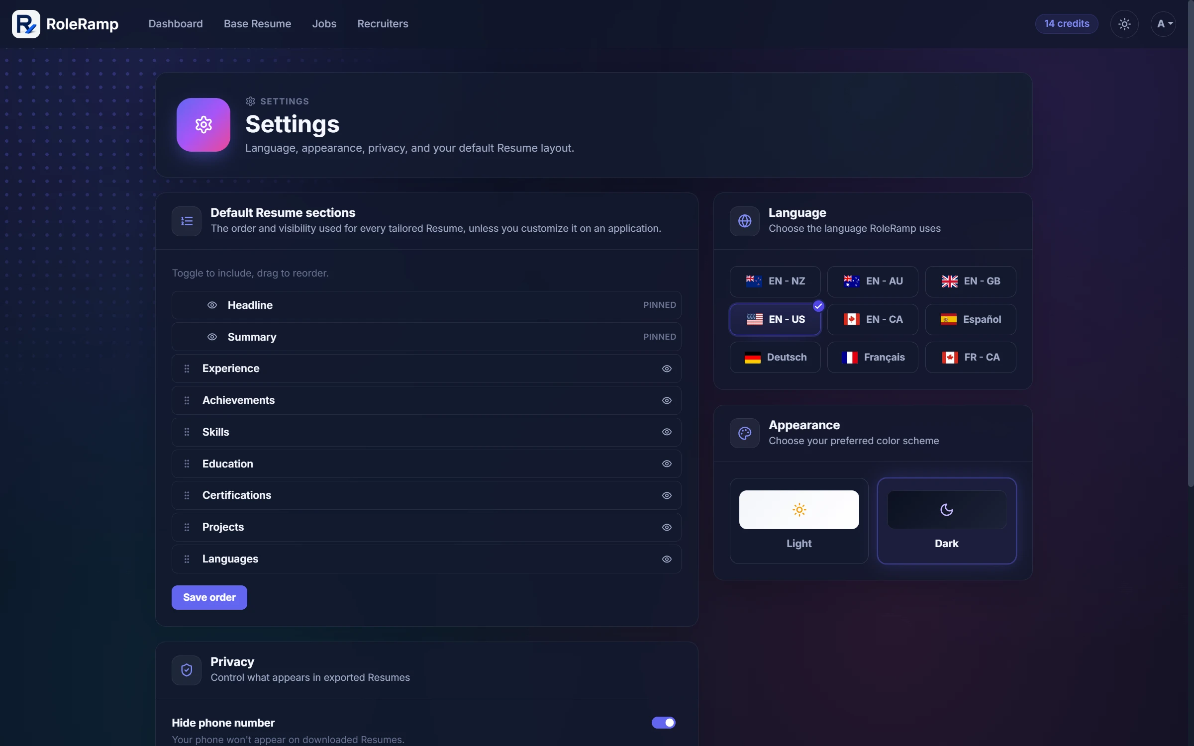 Settings with default resume section order, language options, and light and dark themes