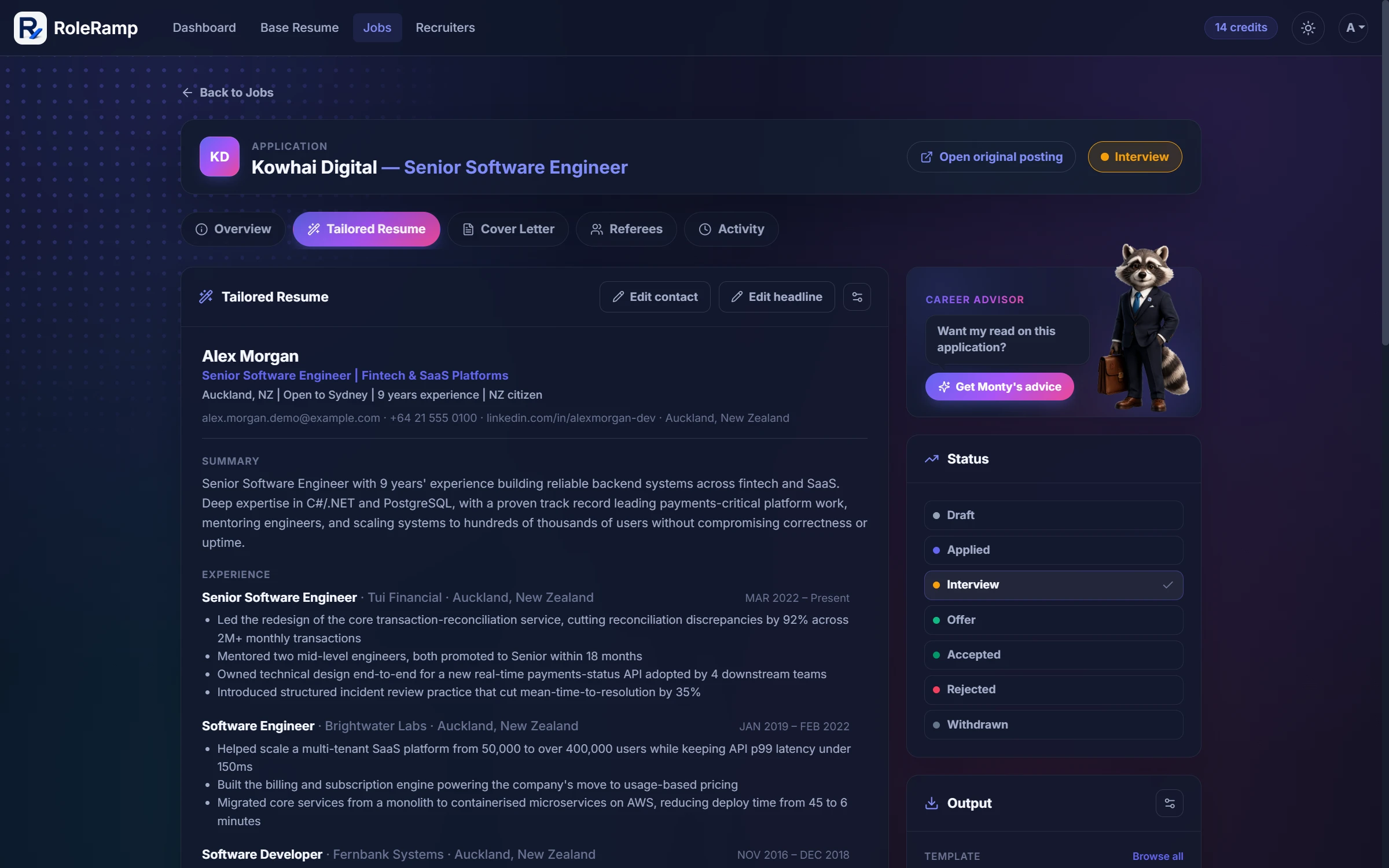 The application page showing a tailored resume for Kowhai Digital with editable sections and Monty the career advisor