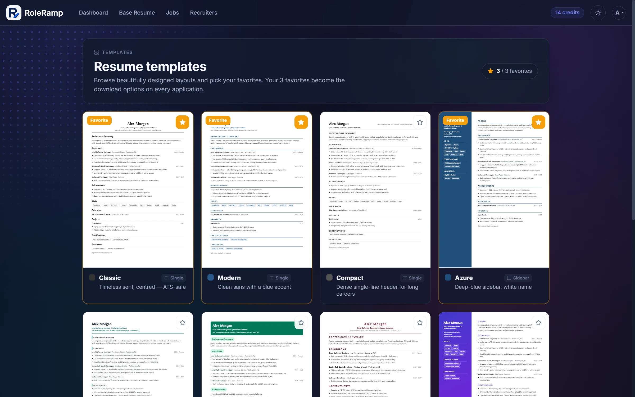 The resume template gallery with favourites marked on Classic, Modern, and Azure designs